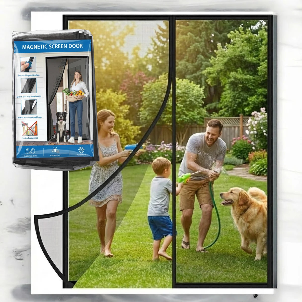 Black Magnetic Screen Door, Hands-Free Entry, Breathable Mesh, Mosquito & Insect Protection for Home